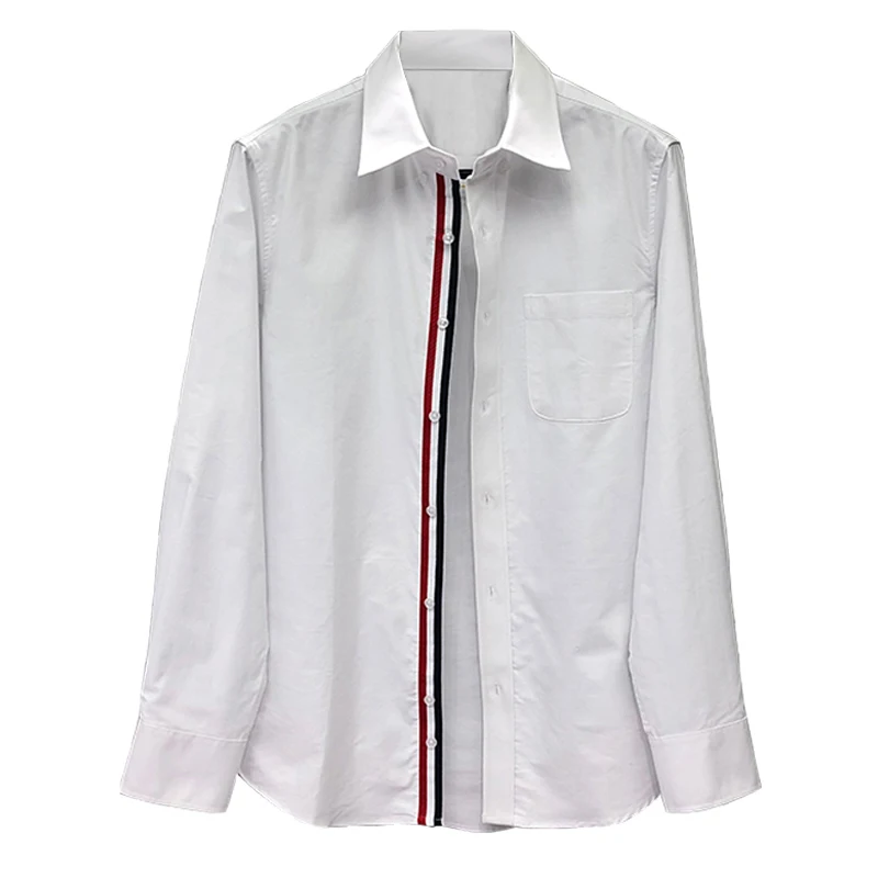 TB THOM Men's Long-Sleeve Shirts Regular-fit Casual Striped Webbing Classic T-Shirt Luxury Brand Fashion Cotton Shirts For Men