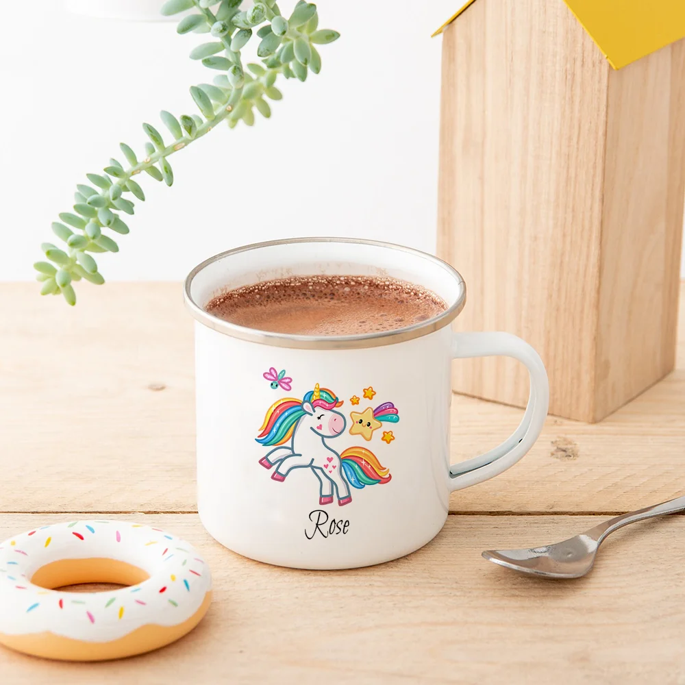 

Personalized Unicorn Rainbow Enamel Mugs for Kids Custom Name Holiday Gift Milk Cup with Handle Birthday Party Favors Idea Gifts