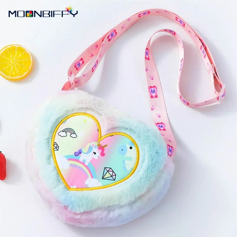 Mini Heart Shape Unicorn Soft Plush Bag Women Girls Dye Shoulder Bag Purse Children Kids Handbag Winter Furry Fur Clutch Totes