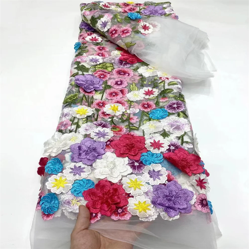 Горячая Распродажа африканская аппликация 3D Цветы Тюль Кружева Ткань 2024 высокое