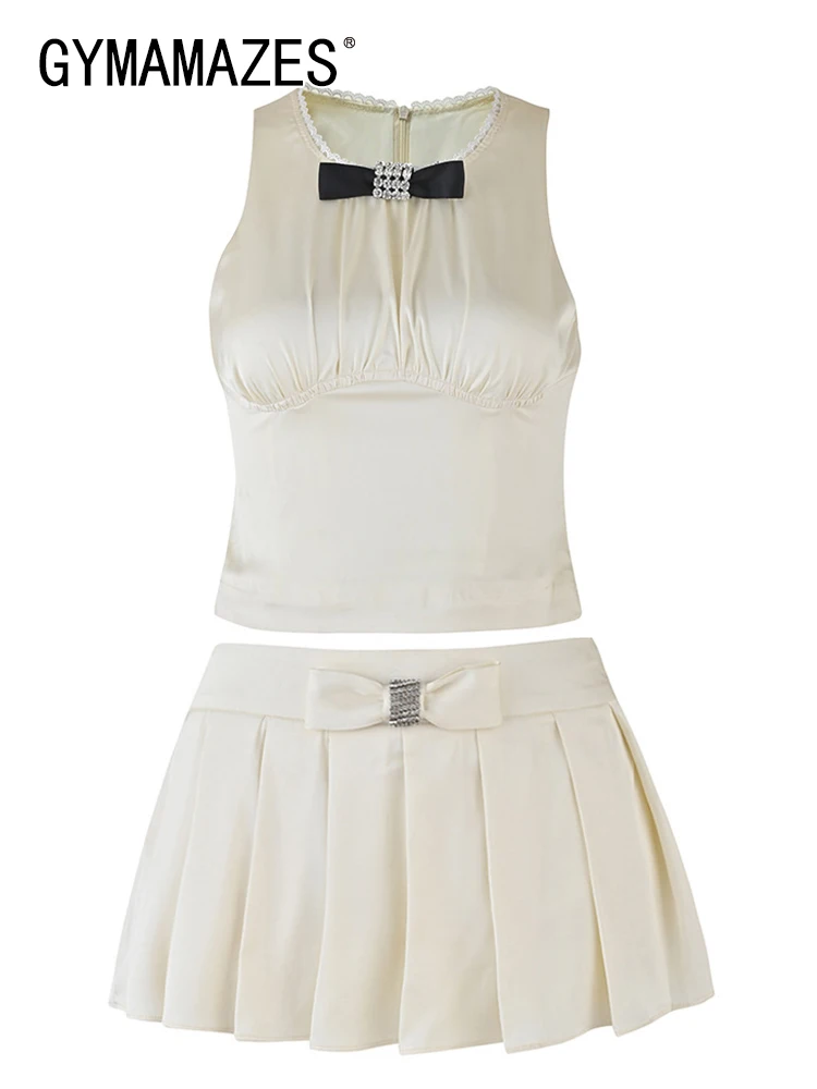 

Женский пикантный комплект из двух предметов GYMAMAZES, жилет без рукавов с круглым вырезом и высокой талией, плиссированный летний модный комплект с бантом