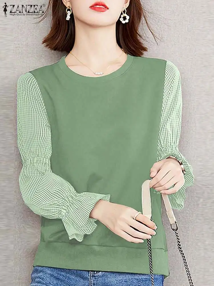 

O-Neck Long Sleeve Grid Patchwork Striped Tops ZANZEA Spring Women's Blouse Long Sleeve Fashion Elegant Holiday Shirts Oversized