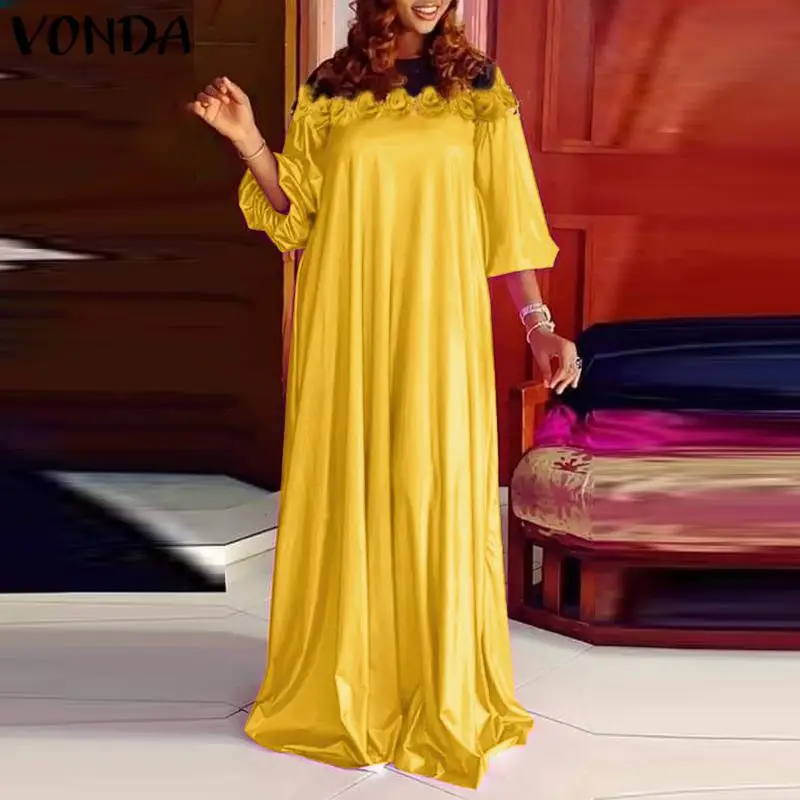 

Casual Polyester Solid Maxi Robes VONDA 2022 Women Casual A-Line Vestidos Ladies Patchwork Satin Dresses Oversize Fall Sundress