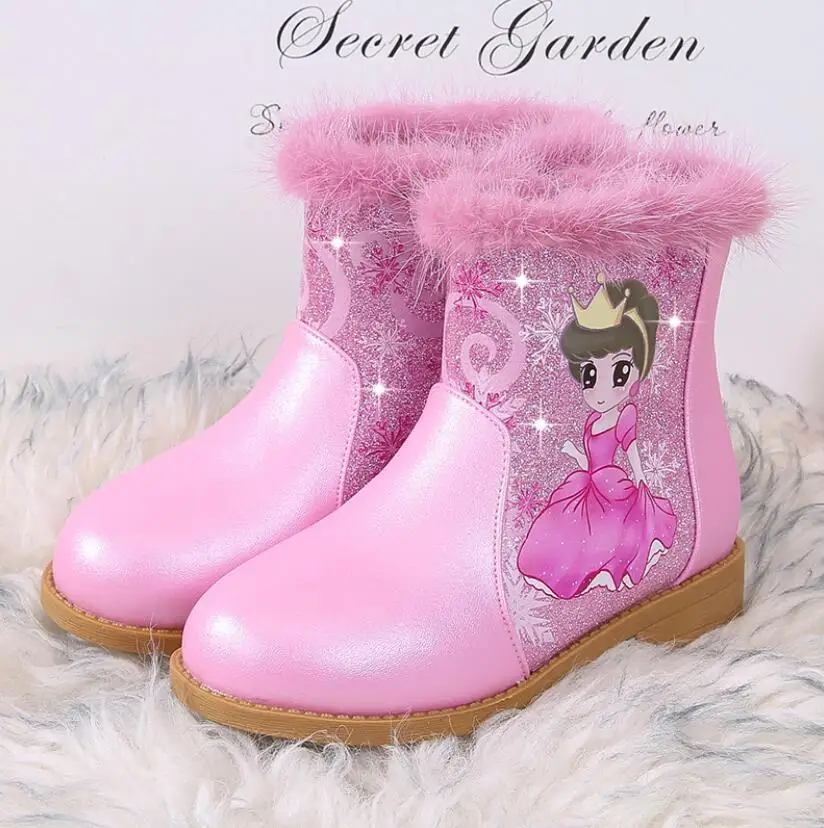 

New high quality Princess leather Boots Girls Mid Snow Boots Winter Kids boots for Plush Warm Shoes for girls kids Sport Shoes