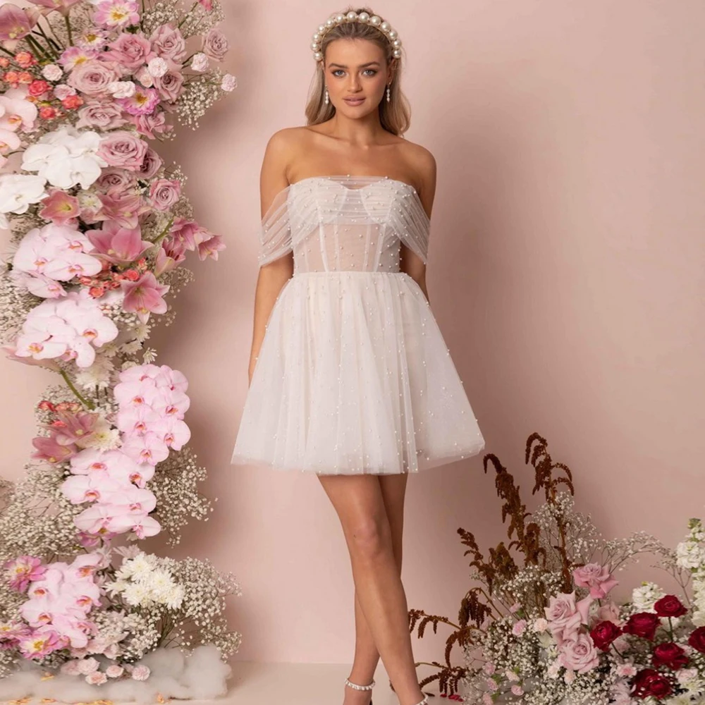 

Short Ivory Wedding Dresses for Ladies 2023 Summer A-Line Pearls Off-The-Shoulder Bridal Gowns Above Knee Vestidos De Novia