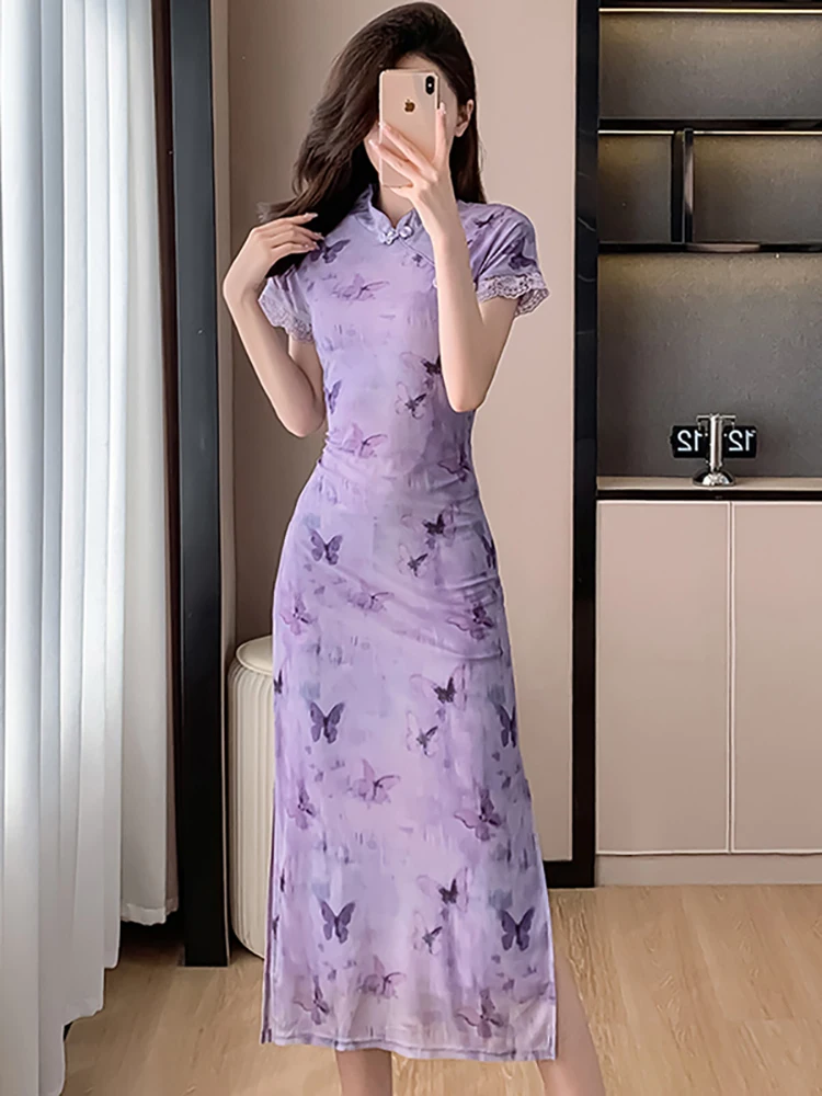 Женское кружевное платье средней длины фиолетовое элегантное винтажное