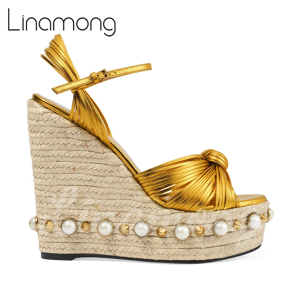 

Pearl Studded Espadrilles Raffia Wedge Sandals Metallic Gold Leather Summer Shoes Designer Luxurious Platform Sandals for Women