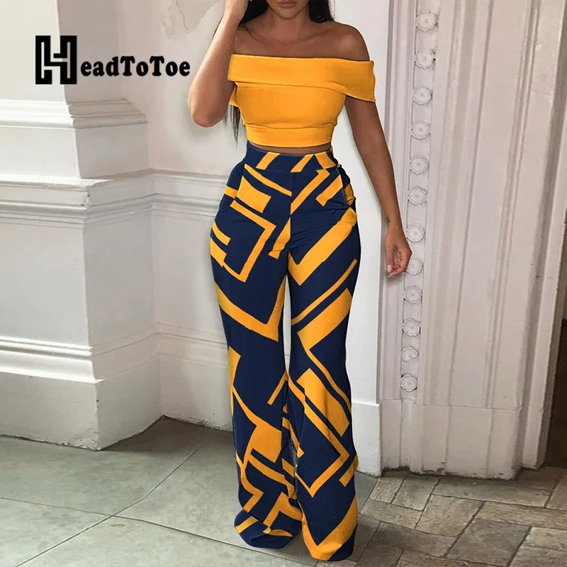 Off Shoulder Crop Tops & Geo Print Pants Set Casual Women Two Piece Set