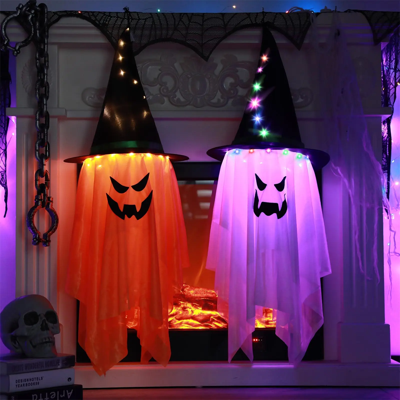 

Украшения для Хэллоуина, летающая ведьма, шляпы, призрак, планета на Хэллоуин, аксессуары для одежды, светящийся волшебник, лампа призрака