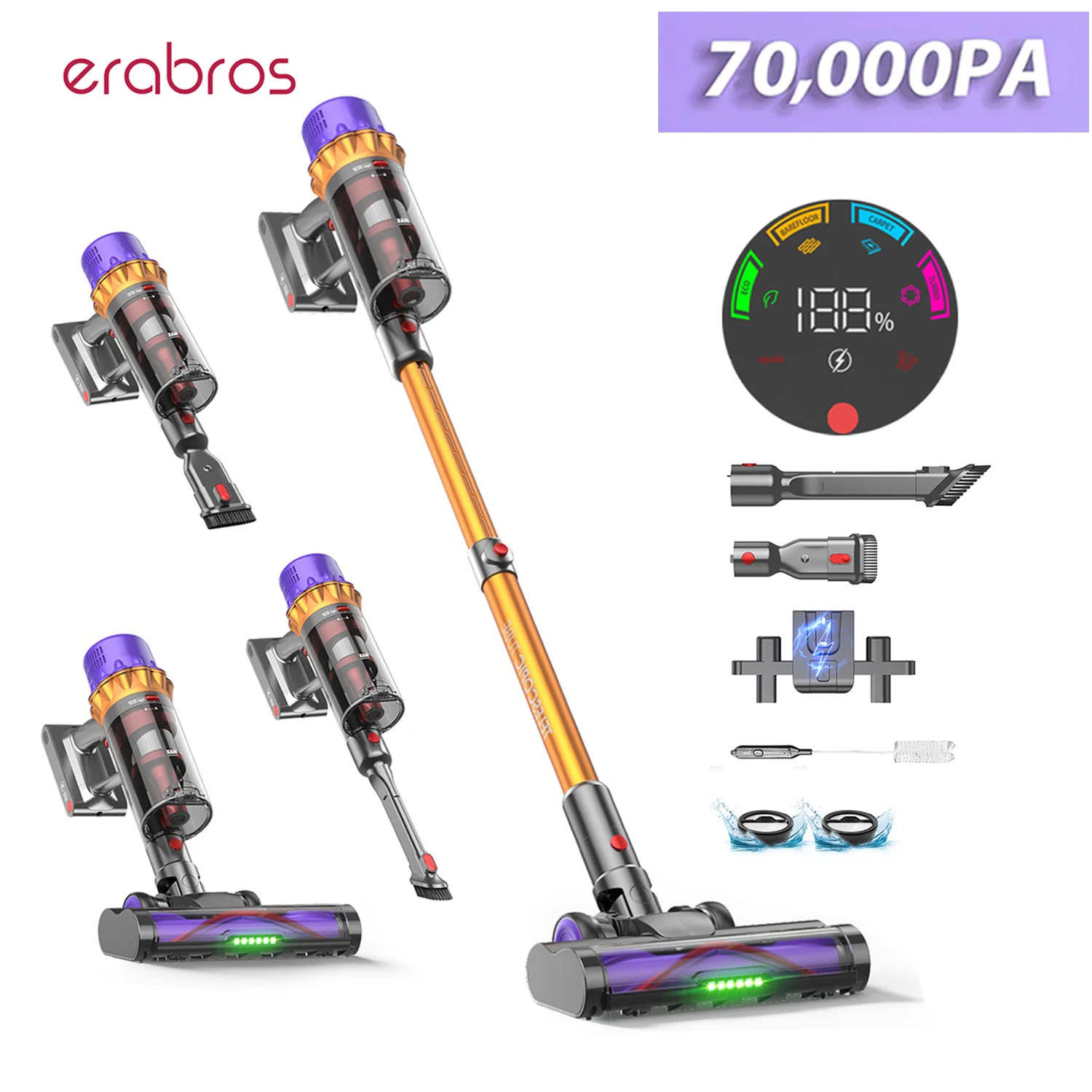 erabros EV5 Cordless Vacuum Cleaner,550W Motor 70kPa Suction,80Mins Battery,LED Display,Handheld Vacuum for Home Pet Hair Carpet