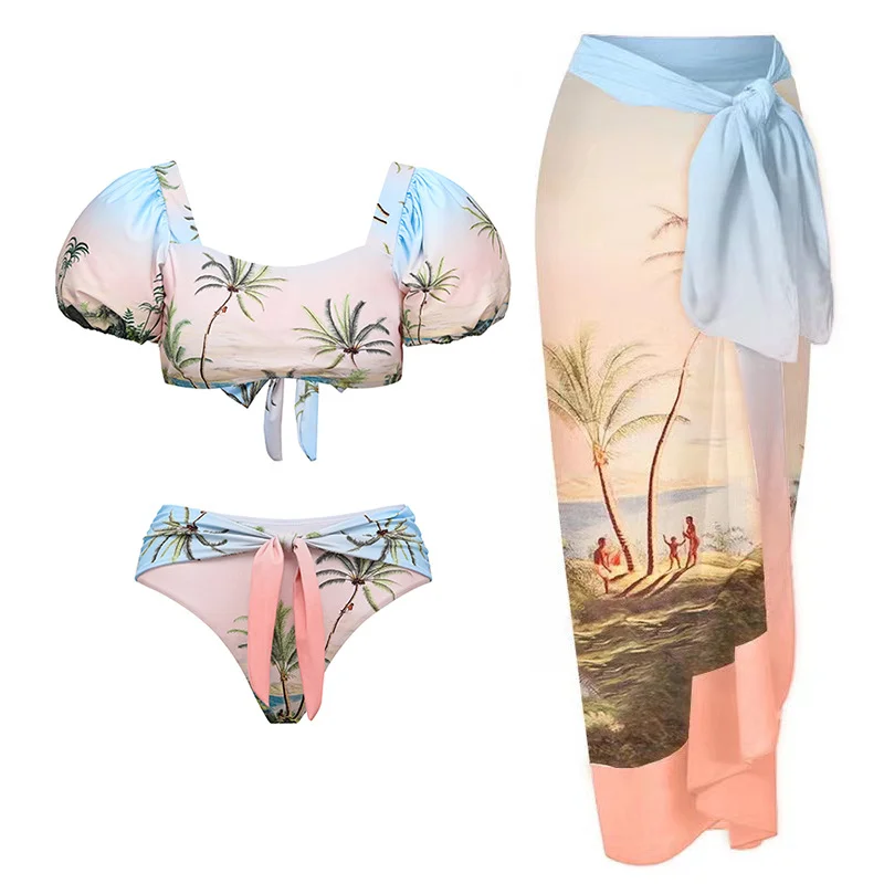 Green Print Deep V Bikini Set And Cover Up Ruffle Straps Backless Sexy Beachwear Ladies Slim High Waist Fit Summer Swimsuit