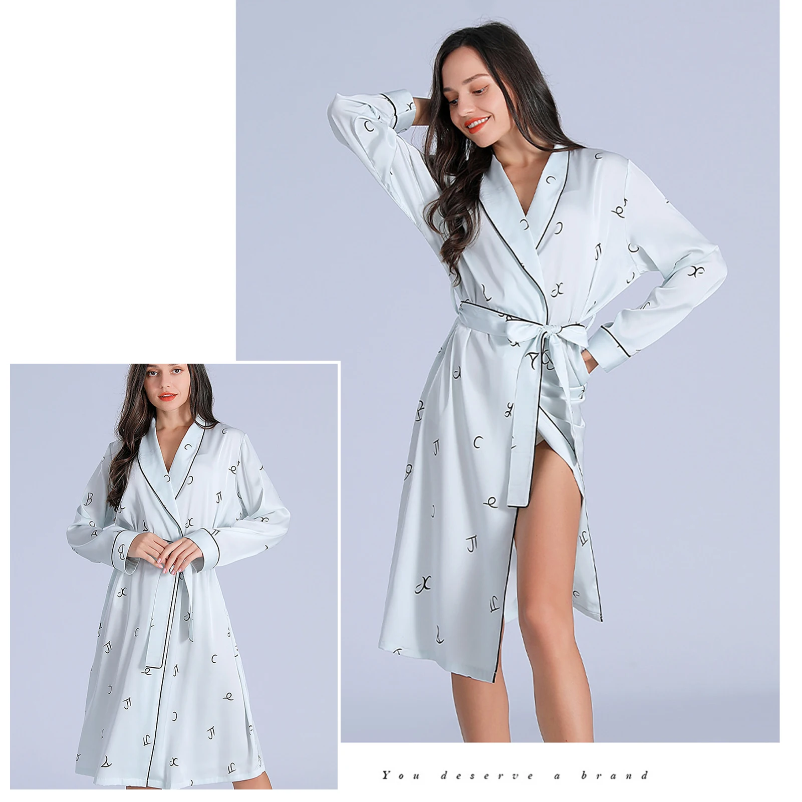 Spring Summer Silk Nightdress Mid-Length Women's Bathrobe Long Sleeve Nightclothes