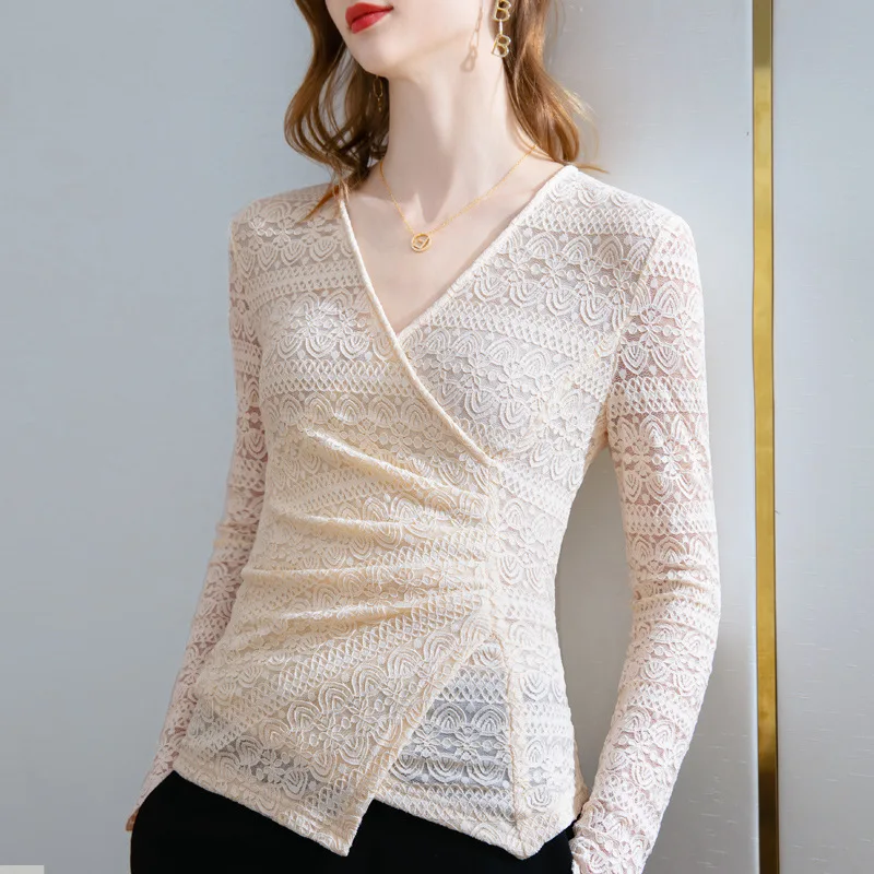 

Winter Women Lace T Shirt Asymmetrical V Neck Waist Folds Hollow Out See Through Floral Pullover Top Long Sleeves Solid Sexy Tee