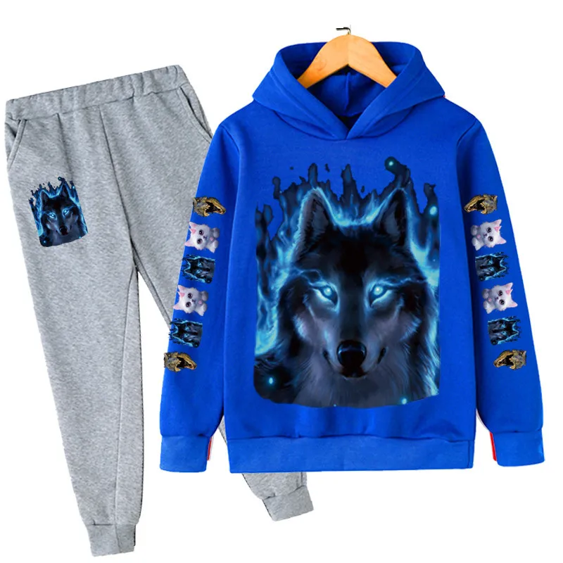 

Animal Wolf Tracksuits Kids Hoodies Boy Girl Sweatshirt Clothes Set America Heros Hooded Pants Suit Children Pullover Sportwear