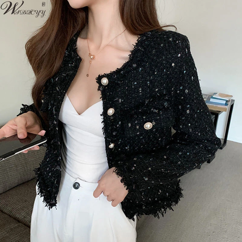 

Women's Tweed Jacket Vintage Tassel Patchwork Coat Fashion Pearls Button Blends Wool Outwear Single Breasted Long Sleeve Tops