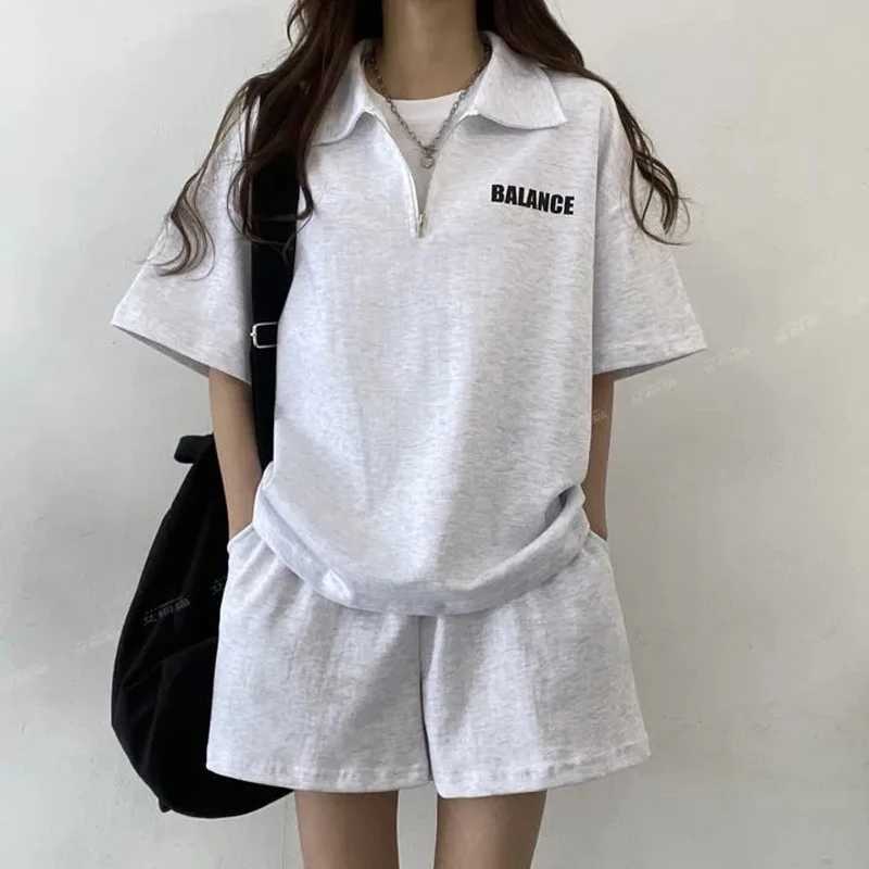 

Shorts Suit Short Sleeve T-Shirt Chic Black Grey POLO Zippers Loose Casual Urbane 2022 New Cotton Two Piece Set Sport Summer