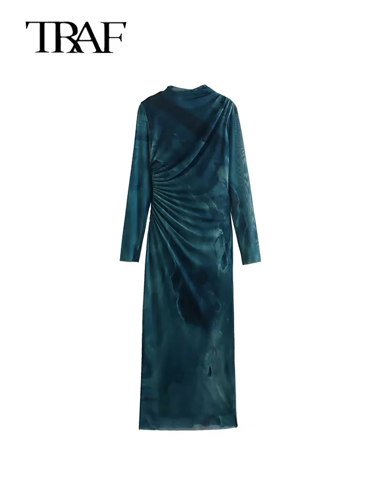 

Платье-миди женское шелковое Плиссированное с длинным рукавом и принтом