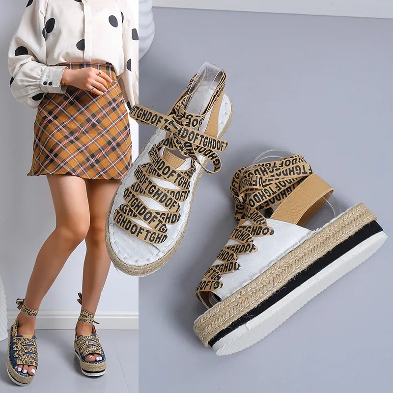 2022 Summer New Ladies Sandals Plus Size 43 Platform Sandals Wedge Casual Beach Shoes Ladies Flat Lace Up Ladies Espadrilles