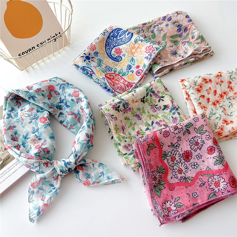 

58*58cm Cotton Linen Small Square Scarf Fashion Floral Hijab Elegant Shawl Soft Neckerchief Headscarf Hair Scarves Headband