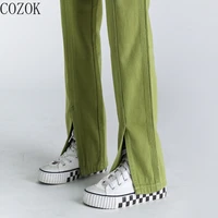 large size loose split straight green jeans womens autumn casual millennium hot girl street streetwear women women pants
