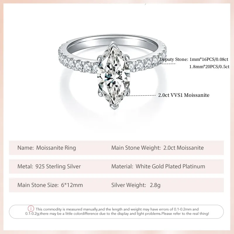 Фото Кольцо для помолвки и свадьбы KEEP YES 2.0ct с муассанитом огранки «маркиз» 6*12 мм для женщин, серебро 925 пробы, сертификат GRA №2
