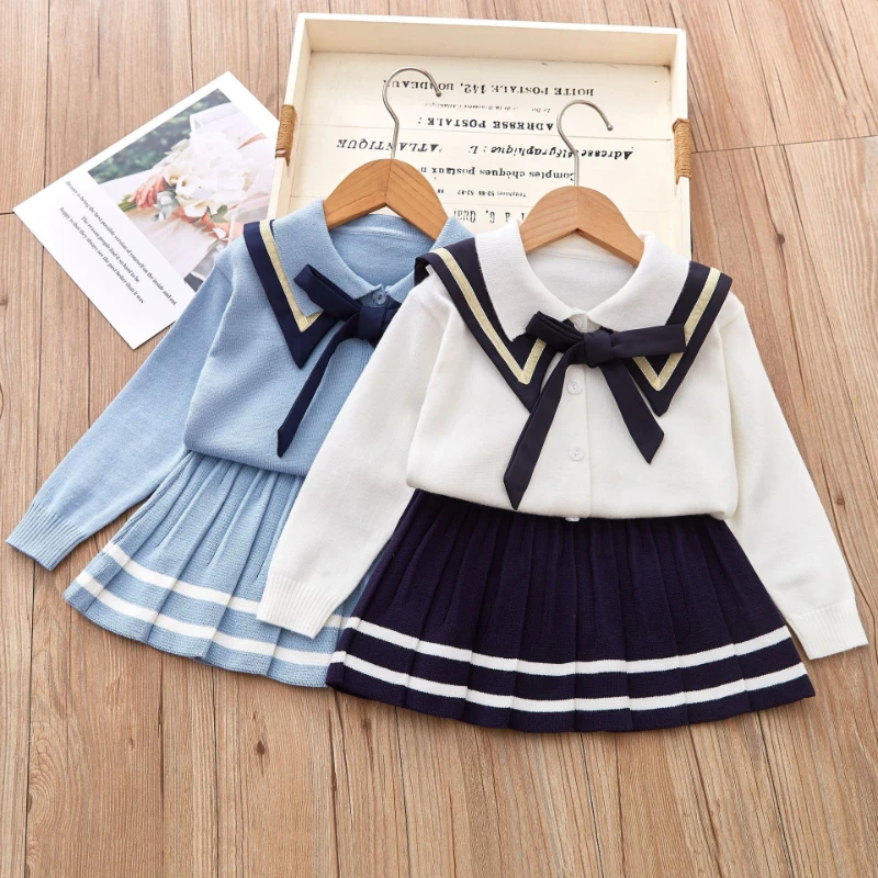 

Girls Cardigan Sweater Set Fall New Girls College Style Long-sleeved Cardigan Sweater + Skirt Two-piece Set Girl Clothes