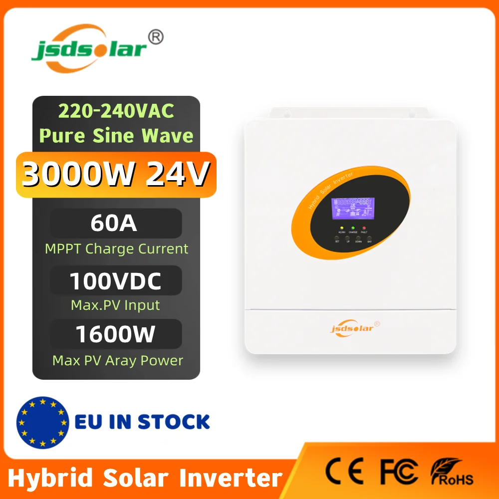 

jsdsolar Hybrid Solar Inverter 3KW 24V MPPT 60A Solar Battery Charger PV Input Max 100VDC Pure Sine Wave Off Grid Solar Inversor