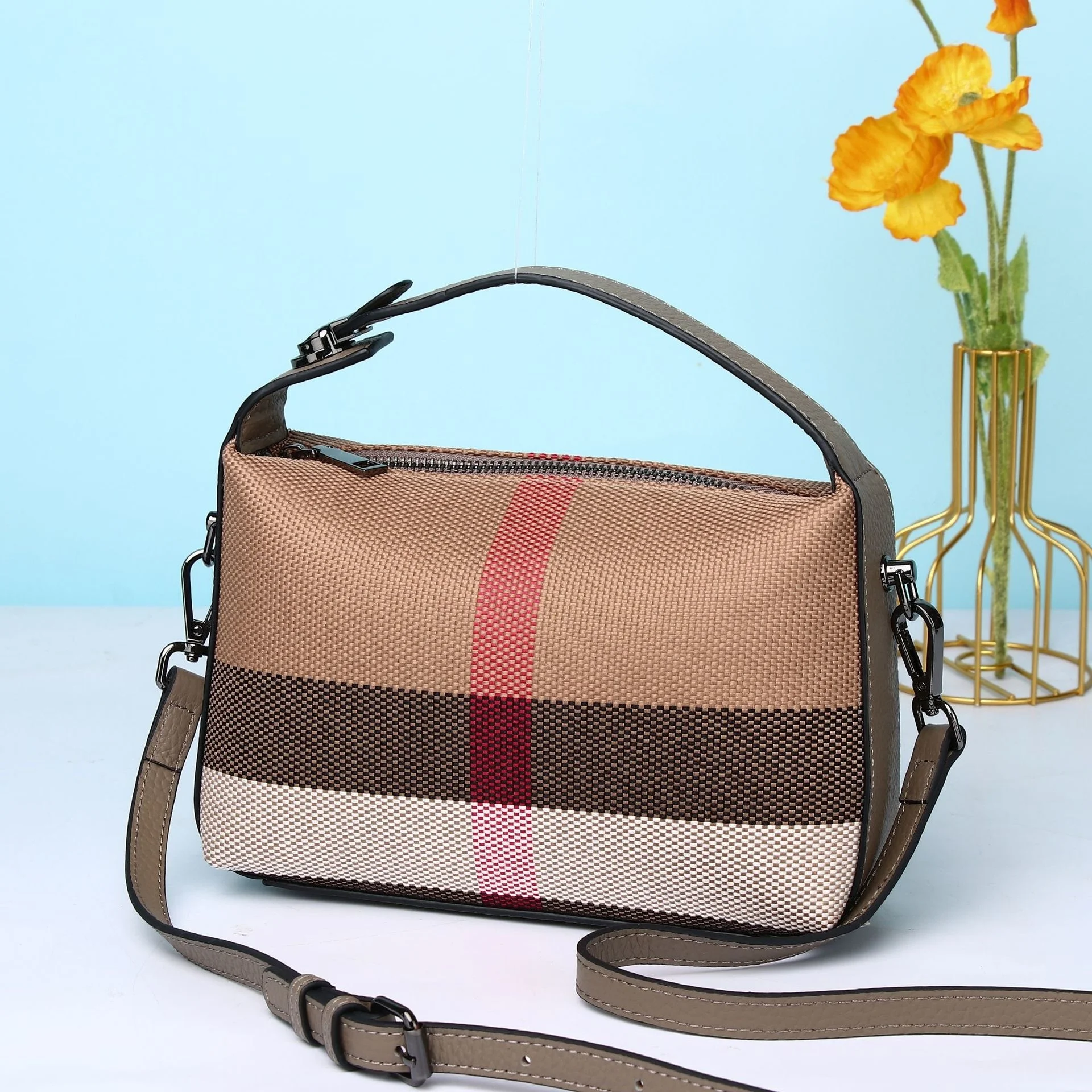 New Luxury Plaid Canvas Women's Bag Fashion Lock Top Handle Genuine Leather Female Tote Handbag Retro Small Messenger Crossbody