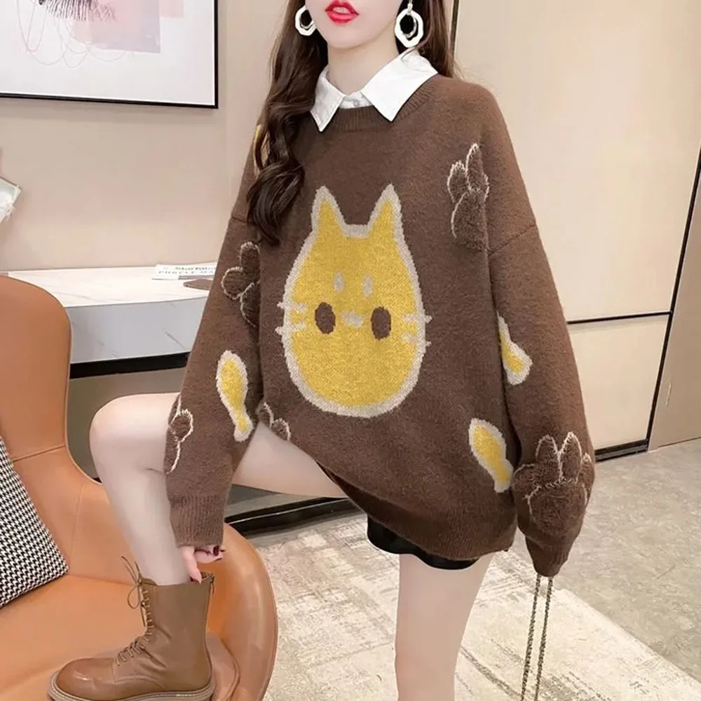 

Women Knitting Sweater O-Neck Pullover Jumper Oversized Sweater Harajuku Kawaii Funny Sweaters Girl 2021 Cartoon Cat Print Tops