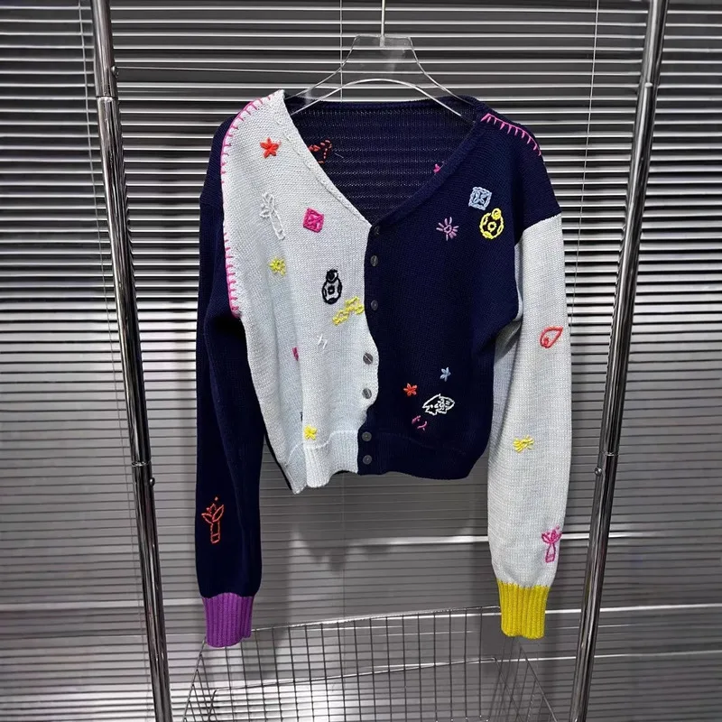 WTHT модный женский лоскутный дизайн с контролем цвета вязаный кардиган 2024 зимний