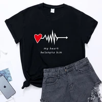 my heart belong to him her electrocardiogram heart print couple t shirt short sleeve o neck king queen tshirt lovers tee shirt