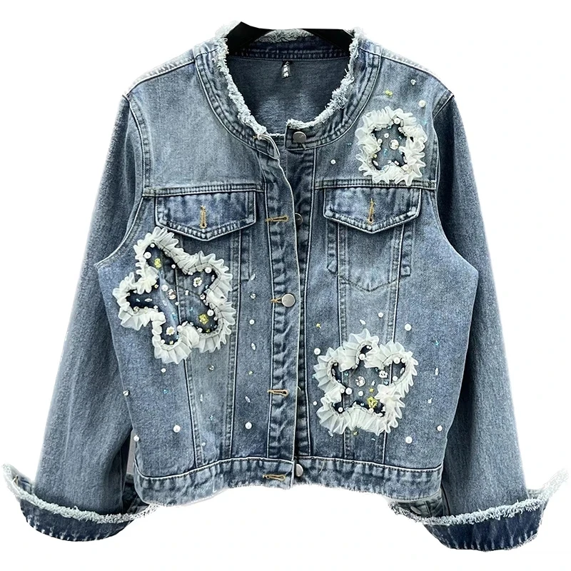 

Woman Denim Jacket Loose 2023 New Spring Autumn Flower Nail Bead All-Match Diamond Setting Jeans Coat Fashion Long Sleeve Button