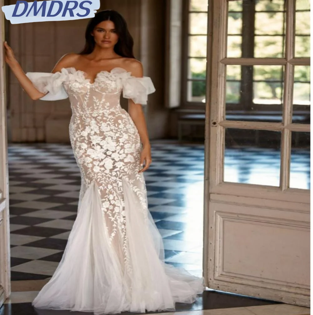 

Sexy V-neck Backless Bride Robe Classic Appliques Bridal Gown Elegant Off The Shoulder Trumpet Wedding Dress Vestidos De Novia