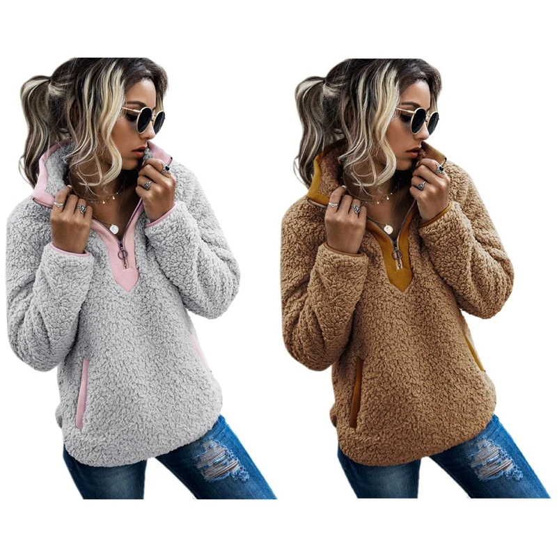 

2X Women Sherpa Sweater Teddy Fleece Pullover Half Zipper Sherpa Fleece Tops Female Warm Coat Sweaters S Gray & Camel