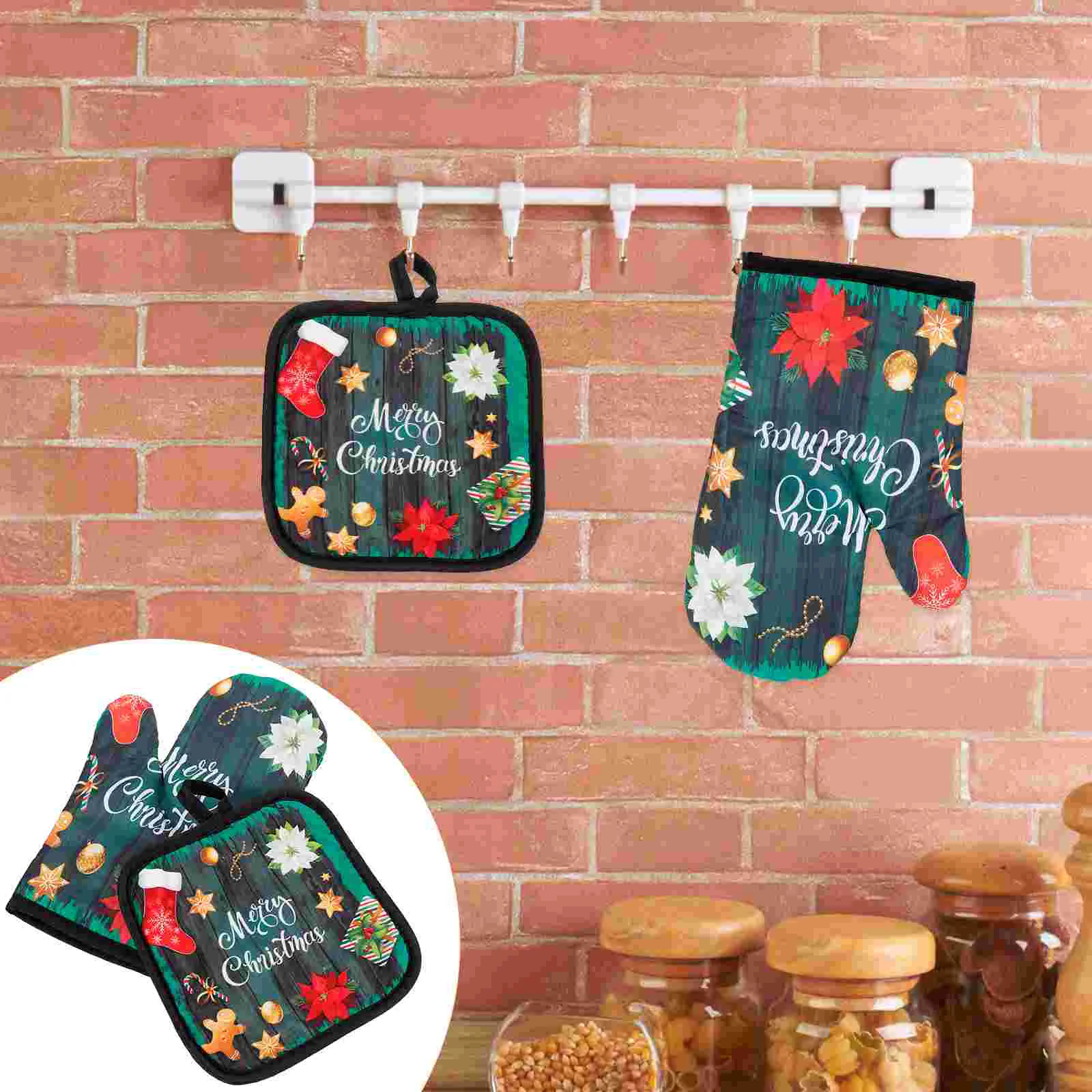 

Oven Glove Christmas Kitchen Hot Cooking Mitts Set Mitten Dish Antipad Minitowel Pot Gadget Gloves Micro Resisting Heat Mitt