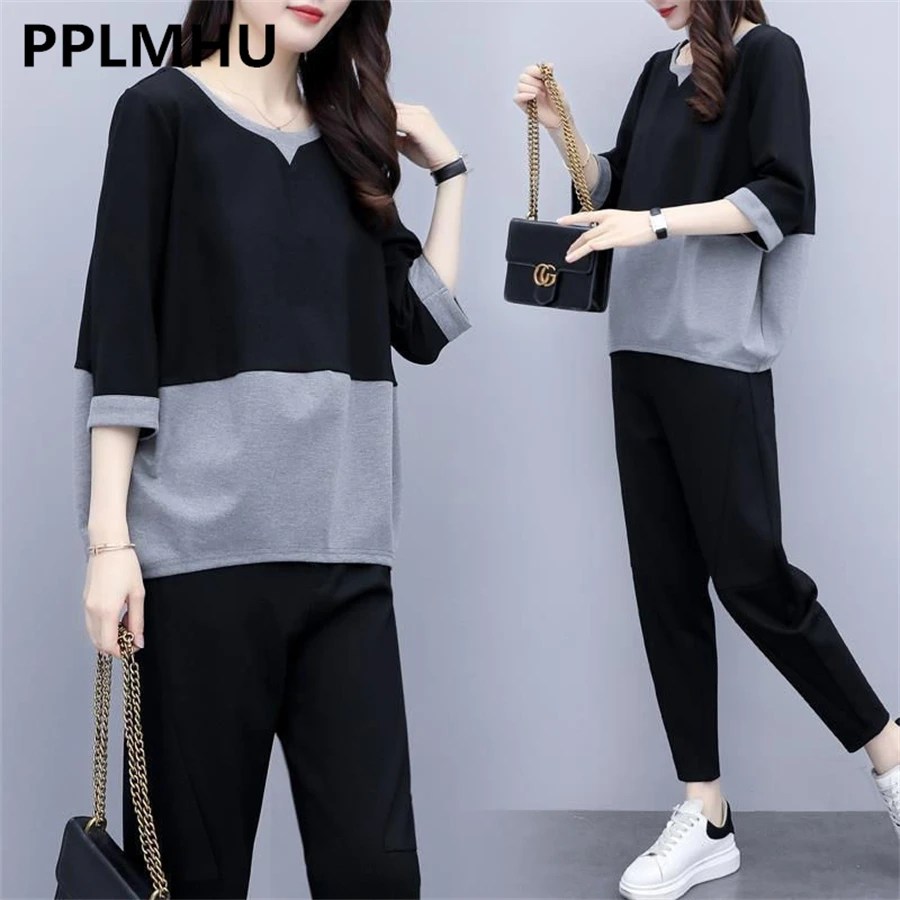 

Oversized For 95KG Summer Tracksuits Casual Patchwork Women Outfits O-neck Half Sleeve Tops 2 Piece Sets Capris Pants Ensemble