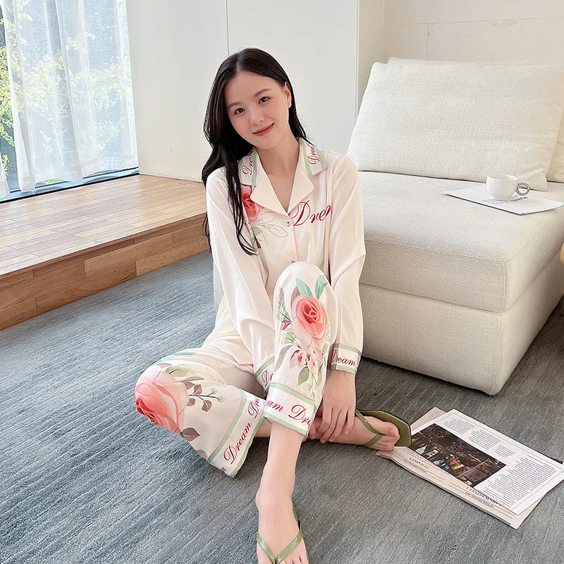 Ice Silk Pajamas Women's High-end Thin Section Can Be Worn Outside Silk Long-sleeved Large Size Home Clothes Spring and Autumn
