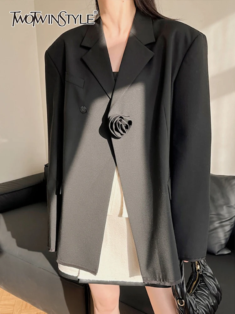 

TWOTWINSTYLE Solid Patchwork Flower Blazers For Women Notched Collar Long Sleeve Design Slimming Casual Blazer Female Fashion