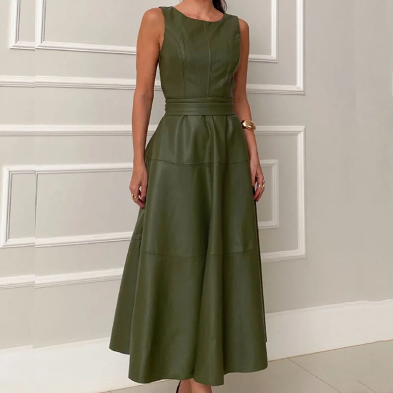 2024 элегантное длинное платье из искусственной кожи без рукавов женское модное