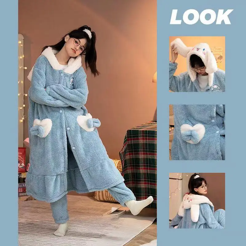 

Sanrio Cute Kawaii Cinnamoroll Anime Plush Nightgown Two Piece Set Coral Velvet Cartoon Pajamas Girl Two Piece Set Home Clothing