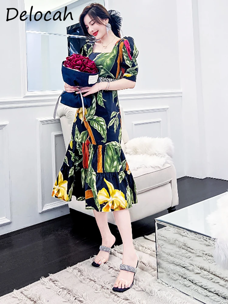 

Delocah High Quality Summer Women Fashion Runway Mermaid Dress Short Lantern Sleeve High Waist Jungle Print Party Midi Dresses