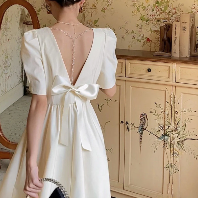 

new Summer Solid Vintage Dress Women Short-sleeved Backless Elegant Cute Kawaii Dresses Sexy Ladies Party Holiday Green Dresses