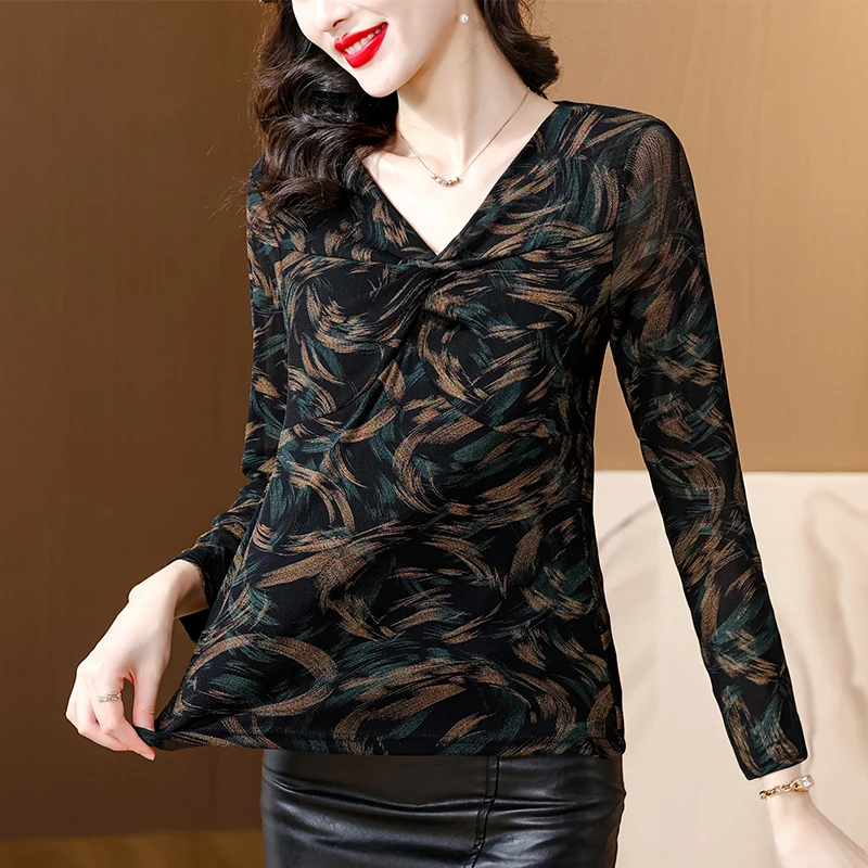 Плюс размер Осень и зима Новый топ с v-образным вырезом Женская одежда больших