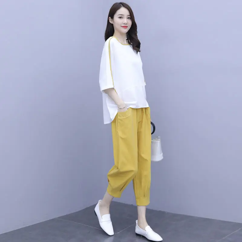 

Женский летний комплект из 2 предметов, свободная футболка с коротким рукавом и укороченные брюки с высокой талией, Y97, 2023