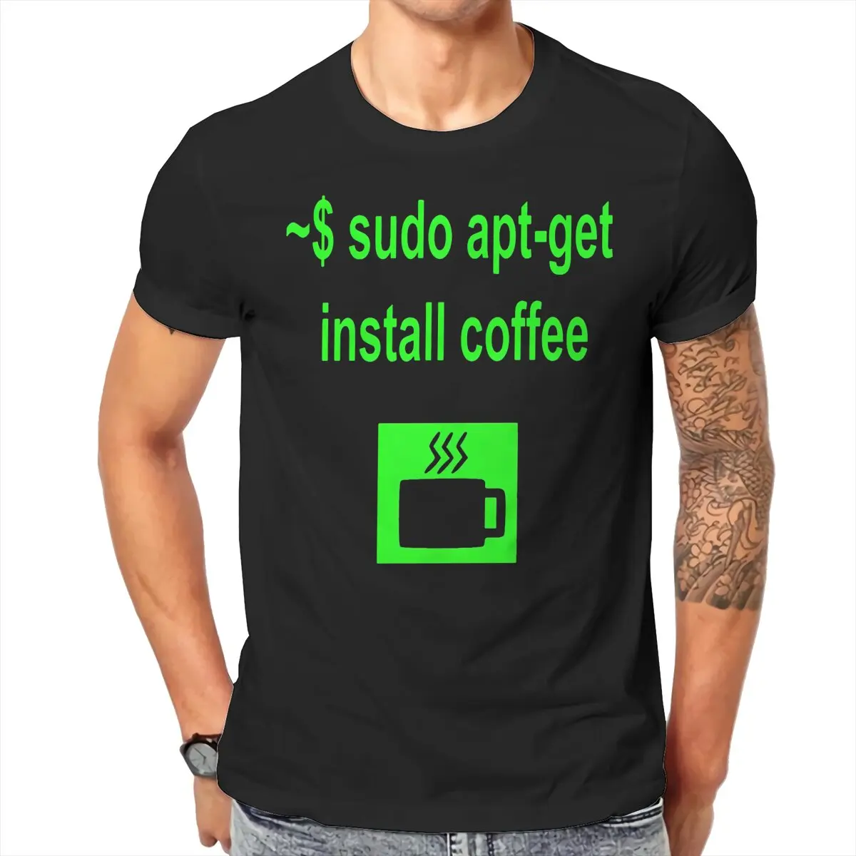 Men Linux sudo apt-get install coffee Classic T-Shirt Crewneck Cotton Style Hipster Ofertas O Neck Graphic Tshirt