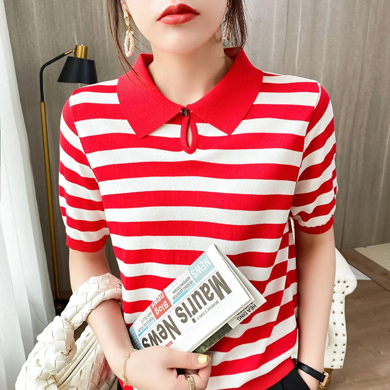 

Contrast striped knitted short sleeved women's top 2022 summer new Lapel loose T-shirt half sleeve