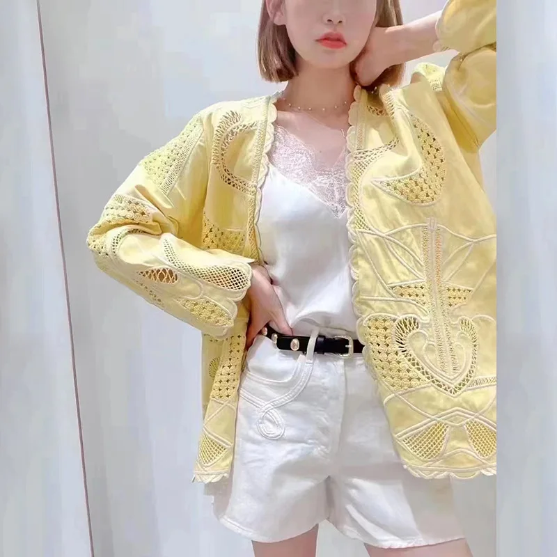 

Women Embroidery Hollow Out Floral Trim Jacket 2023 Spring Autumn New Ladies Long Flared Sleeve V-Neck Lace Up Slim Waist Coat