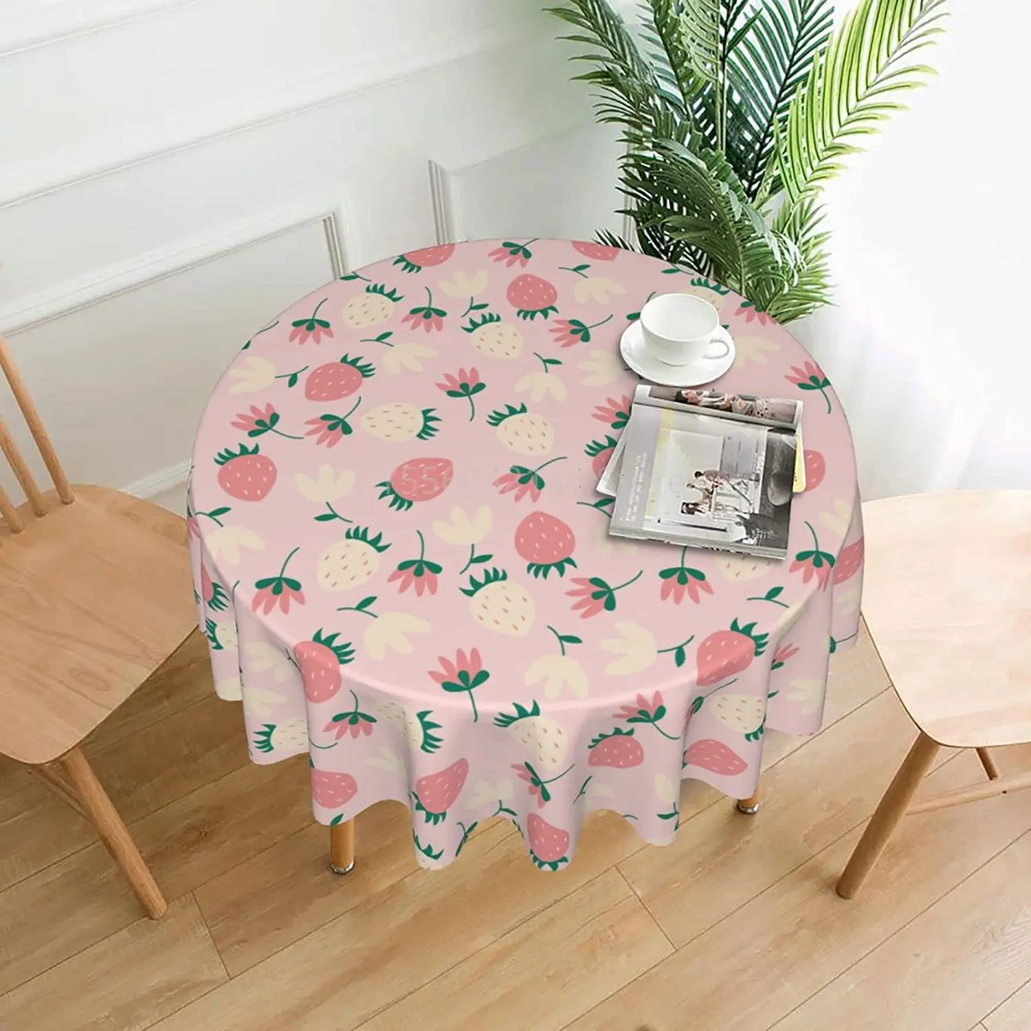 

Pink Strawberry Flower Summer Round 60 x 60 Inch Table Cover Polyester Stain and Wrinkle Resistant TableCloth for Kitchen Dining