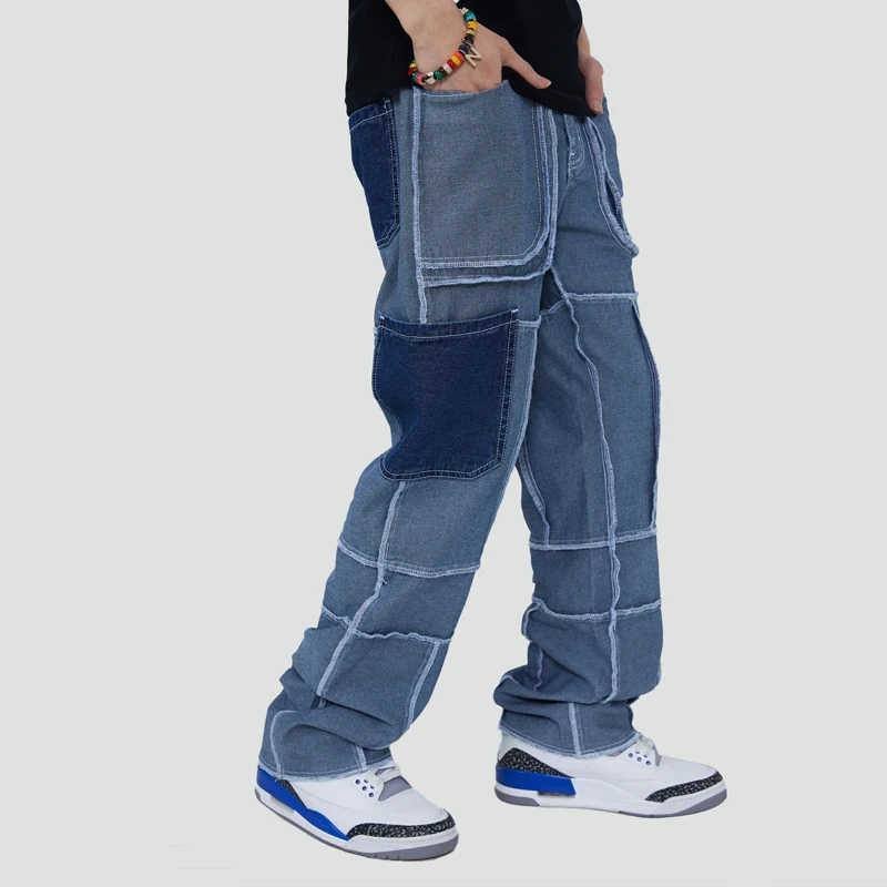 Mens Spring Autumn Leisure Baggy Denim Trousers High Street Multi-pocket Design Hip Hop Jeans New Retro Patchwork Straight Jeans