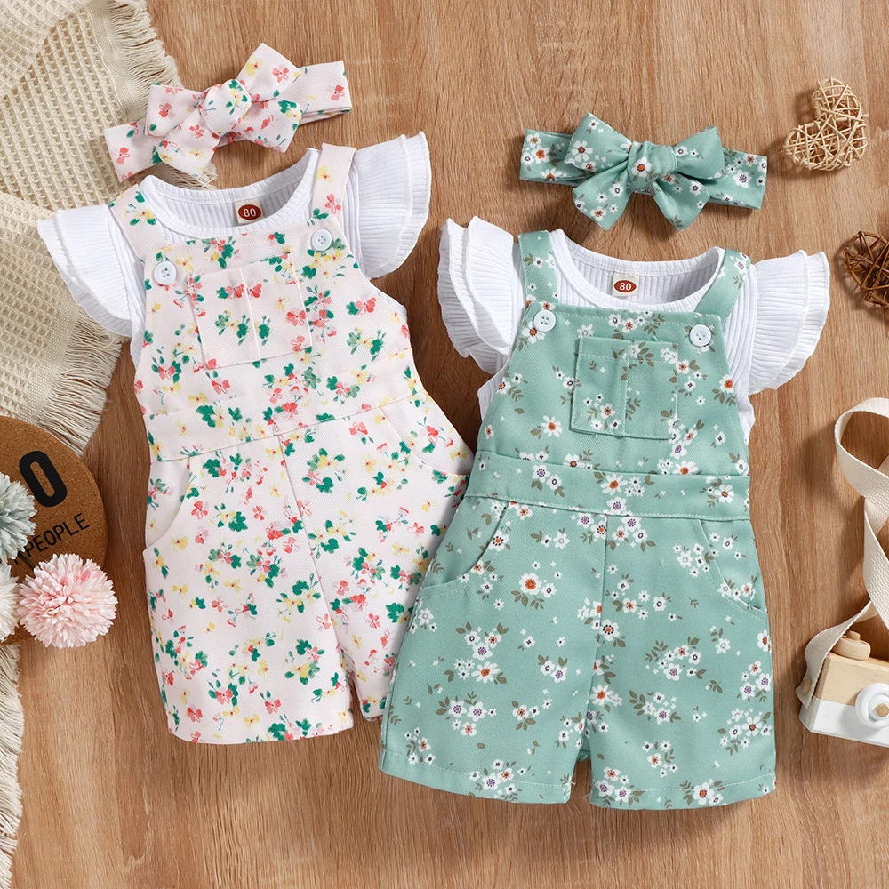 Formal Baby Girls Clothe Short Sleeve Pullover Tops +Overalls Pants Newborn Jumpsuit Bodysuits Infant Outfit Summer Costume